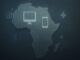 Mapa da África com ícones representando tecnologia, fintech, saúde digital e energia solar, simbolizando o crescimento do ecossistema de startups no continente.