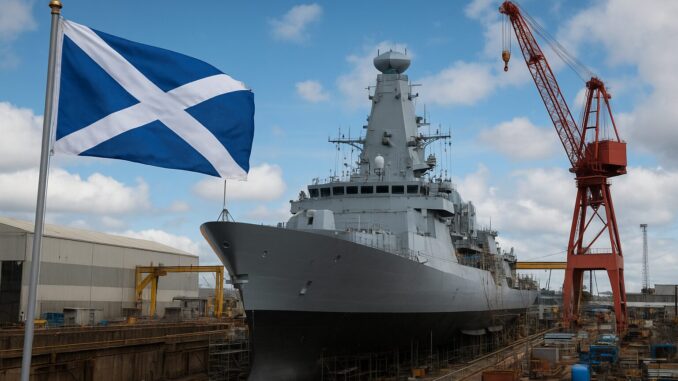 Escócia: Polo Estratégico da Defesa Europeia Navio militar moderno em estaleiro na Escócia, com a bandeira escocesa ao lado, simbolizando a indústria de defesa e tecnologia naval europeia.