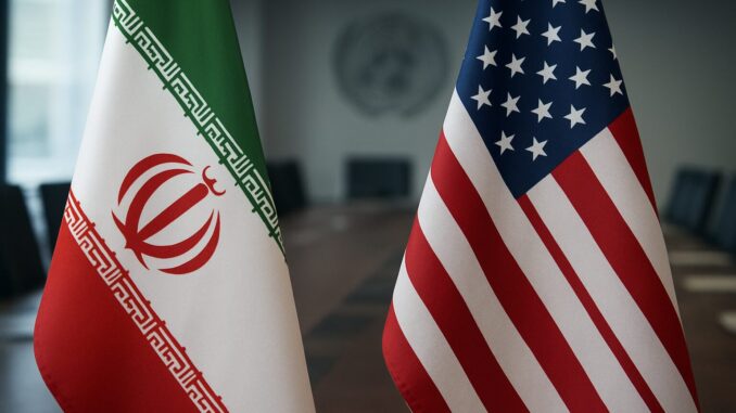 Negociações Nucleares Irã-EUA 2025 Bandeiras do Irã e dos Estados Unidos lado a lado em uma sala de conferências, simbolizando negociações diplomáticas internacionais.