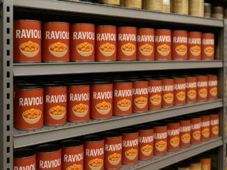 Latas de ravióli enfileiradas em prateleiras, representando estoques estratégicos de alimentos da Alemanha.