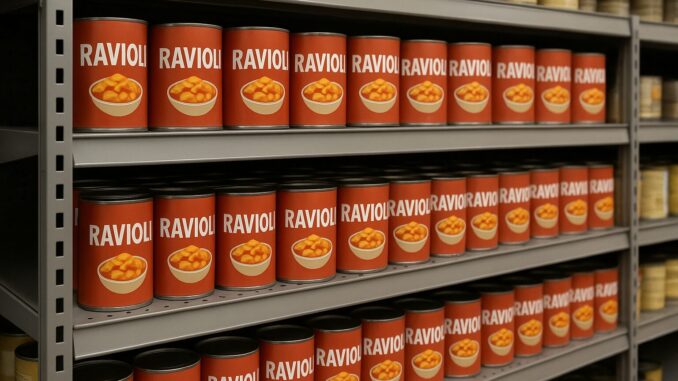 Estoques Estratégicos de Alimentos na Alemanha Latas de ravióli enfileiradas em prateleiras, representando estoques estratégicos de alimentos da Alemanha.