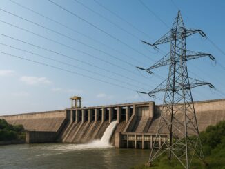 Usina hidrelétrica de Mphanda Nkuwa em Moçambique com torre de transmissão elétrica em primeiro plano, mostrando a geração de energia hidroelétrica.