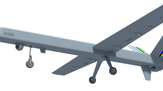 Drone Atobá da Stella Tecnologia Renderização do drone Atobá da Stella Tecnologia equipado com sensores, mostrando detalhes da estrutura e sistema de vigilância.