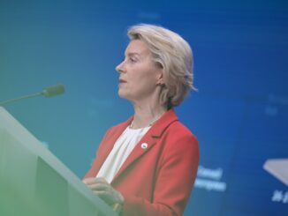 Presidente da Comissão Europeia durante discurso em Bruxelas sobre acordos comerciais