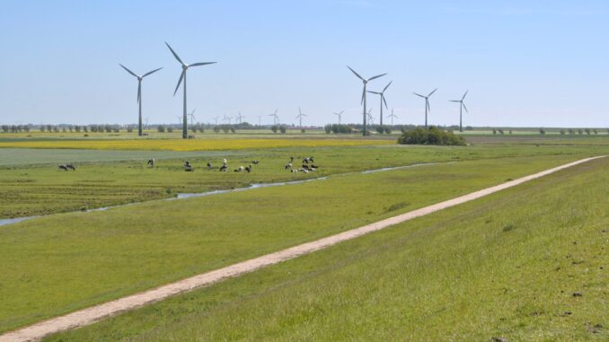 Energia Eólica na Europa: Avanço e Impactos Parque de turbinas eólicas em Krummhörn, Alemanha, com pastagem e céu claro ao fundo.