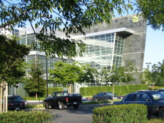 Sede da NVIDIA em Santa Clara, Califórnia, mostrando o prédio principal da empresa de tecnologia.