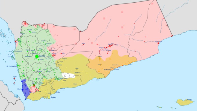 Mapa político do Iémen mostrando as áreas controladas por diferentes facções durante a Guerra Civil de 2025, incluindo cidades principais como Sanaa, Aden e Taiz.