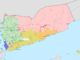 Mapa político do Iémen mostrando as áreas controladas por diferentes facções durante a Guerra Civil de 2025, incluindo cidades principais como Sanaa, Aden e Taiz.