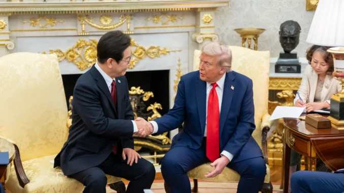 Trump e Lee Jae-myung na Casa Branca Presidente dos EUA, Donald Trump, e presidente da Coreia do Sul, Lee Jae-myung, apertam as mãos durante reunião na Casa Branca, com assessora ao fundo tomando notas.